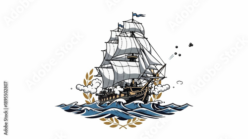 Historic galleon battling waves under tall sails on a dramatic seascape.