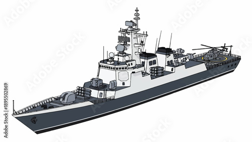 Modern naval destroyer with gray hull sailing at sea under a cloudy sky and distant horizon.