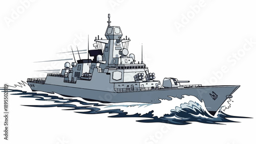 Powerful naval warship cutting through choppy waves on the open sea.