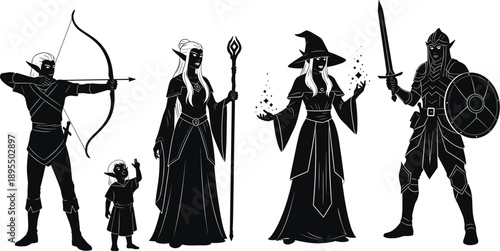 Fantasy character silhouette set, elf archer, mage, warrior, magical staff, black and white RPG illustration, medieval role icons