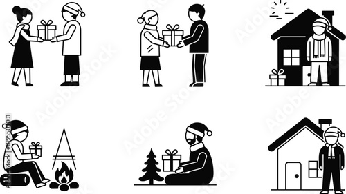 Holiday gift-giving scenes, winter celebration illustration, people exchanging presents, Christmas joy, black and white silhouette, festive seasonal moments