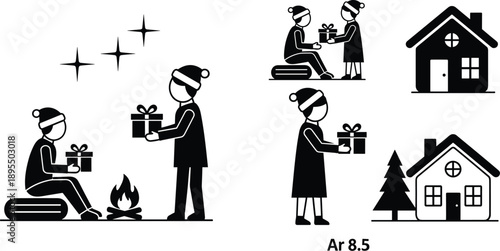 Holiday gift exchange scenes, festive silhouette illustration, winter celebration moment, Christmas generosity, black and white icon set, joyful activity