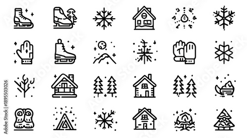 Minimalist winter season icon set with snowflakes, cabins, ice skates, mittens, and trees in flat line art style.