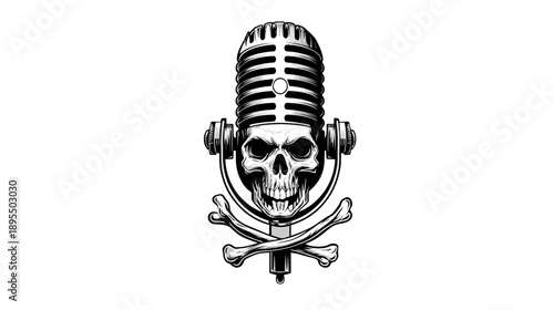 Vintage Microphone with Skull and Crossbones Design - Black and White Illustration for Music, Podcast, and Rebel Themes