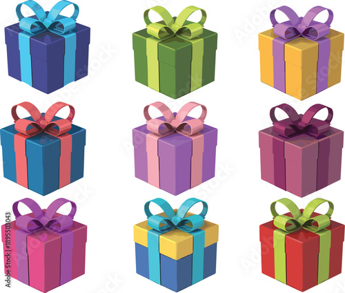 Nine colorful gift boxes, festive wrapping, birthday presents, holiday packaging, cheerful ribbons, vibrant design, celebration theme, party decoration, surprise elements