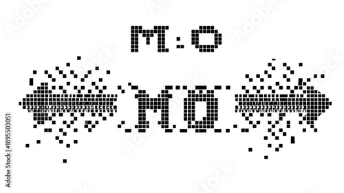 Retro Pixel Art Design with M:O and MÖ Text, Glitch Style Arrows Expanding Outwards in Digital Grid