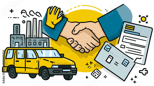 Industrial business partnership and logistics agreement with handshake, factory, vehicle, and contract documents doodle illustration
