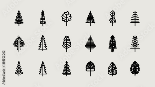 Diverse collection of minimalist tree icons. Simple black line art illustrations representing various coniferous and deciduous trees.