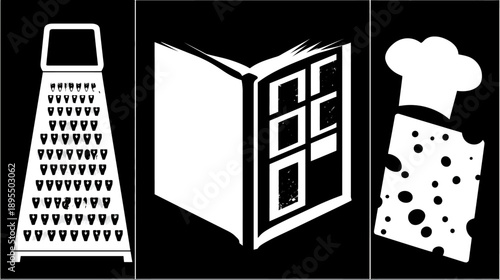 Black and white cooking icons set featuring a grater, open recipe book with frames, and chef's hat on cheese block.