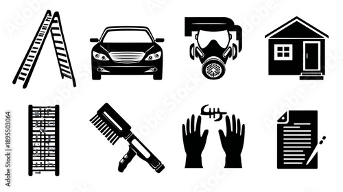 Essential Black and White Vector Icons Set: Construction, Home, Transport, Safety, and Office Graphic Elements