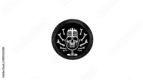 Metallic Skull with Vintage Microphone and Bones in Black Circular Emblem, Dark Audio Music Podcast Icon Design