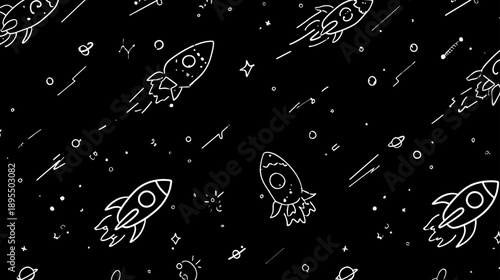 Hand-drawn seamless pattern of flying rockets, stars, and comets on a dark cosmic background. Outline space exploration doodle.