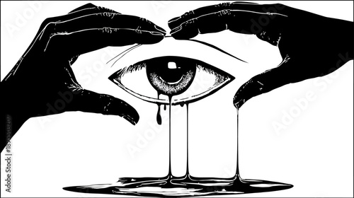 Abstract black and white illustration of a crying eye with dripping tears, framed by silhouetted hands, representing emotion and sorrow