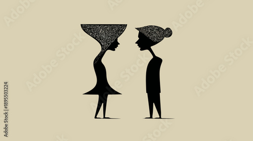 Conceptual illustration: Stylized woman with a textured cocktail glass head looking at a man in silhouette, minimalist art