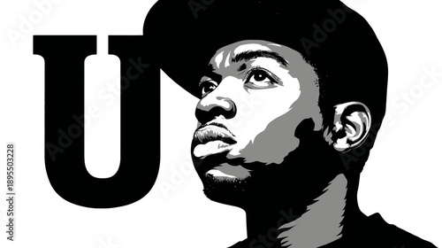 Stylized graphic portrait of a thoughtful young man looking upwards, wearing a brimmed hat in high contrast black and white