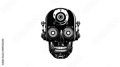 Futuristic robotic skull vector illustration with gears and mechanical details, symbolizing artificial intelligence and cybernetics.
