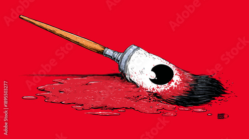 Creative illustration of an artist's paintbrush with vibrant red paint spilled and splattered on a monochrome red background.