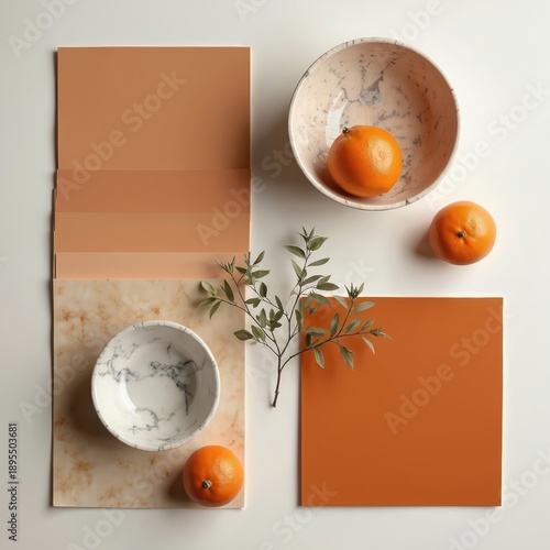 Mood board with orangeade color swatches and marble bowls. Includes oranges and green branch for kitchen renovation inspiration. Natural materials blend with elegant simplicity.