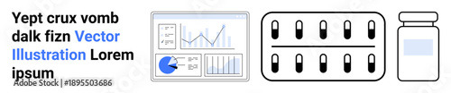 Data dashboard with charts, tablets in a blister pack, and a medicine bottle. Ideal for healthcare, medical research, pharmacy, data analysis, health technology, diagnostics simple landing page