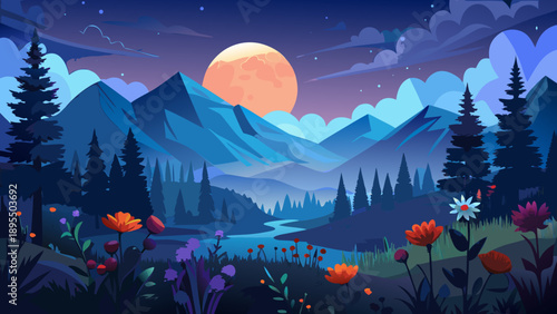 Very beautiful dark evening landscape featuring mountain silhouettes beneath a glowing full moon, with summer flowers and forest trees illuminated by deep blue clouds, creating a dramatic and atmosphe
