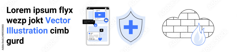 Obraz premium Digital health, cybersecurity, online services, data privacy, cloud protection, secure communication. Smartphone with icons, shield cloud with raindrop. Cybersecurity and online services concept