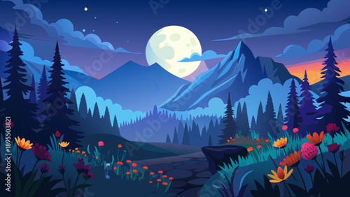 Very beautiful dark evening landscape featuring mountain silhouettes beneath a glowing full moon, with summer flowers and forest trees illuminated by deep blue clouds, creating a dramatic and atmosphe