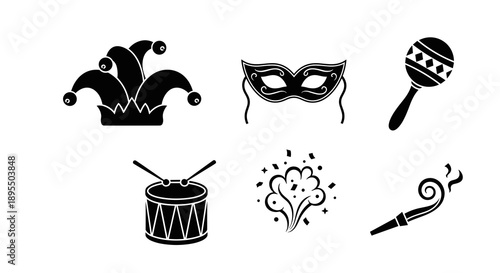 A set of six black Mardi Gras icons on a white background in vector graphic format