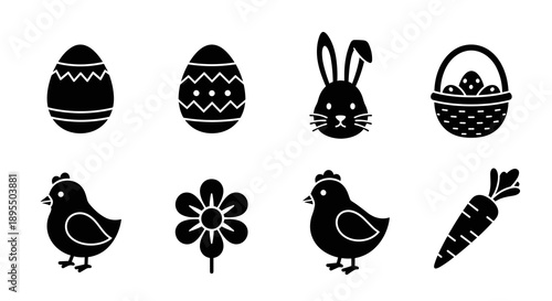 A set of eight Easter-themed vector icons including eggs and a bunny on a white background