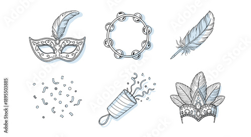 A set of six Mardi Gras icons in a flat line art illustration style