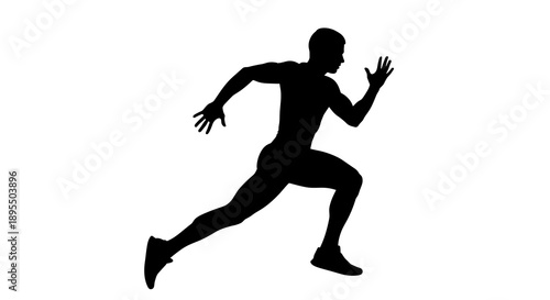 A black silhouette of a man running in a dynamic pose on a white background