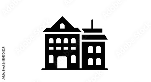 Simple black and white illustration of a large house or mansion.