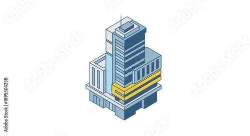 Isometric illustration of a modern office building with a sleek design.