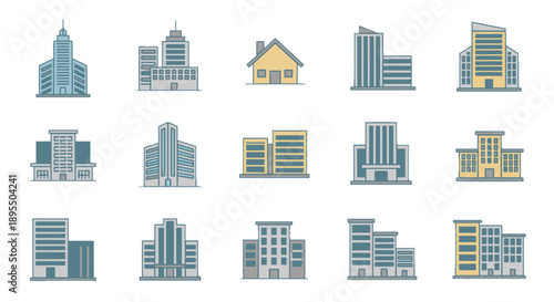 Collection of modern and traditional building icons in various styles.