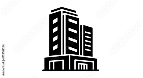 Simple black and white office building illustration with modern design.