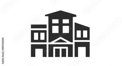 Simple black and white building icon with multiple stories and a central entrance.