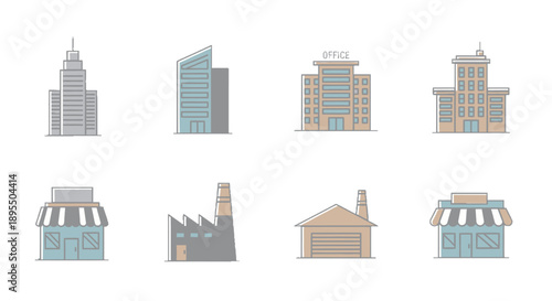 Collection of modern and traditional building illustrations.