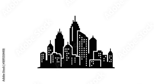 Silhouette of a cityscape with tall buildings and skyscrapers.