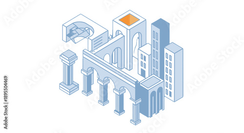 Isometric illustration of ancient and modern buildings combined.