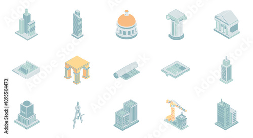 Collection of Architectural Building Elements and Construction Icons.