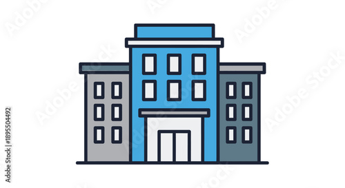 Simple illustration of a blue office building with a white entrance.