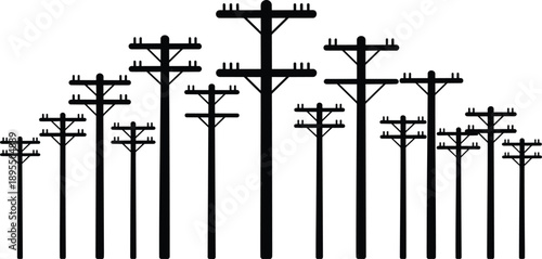 A dense arrangement of black silhouette electricity poles with multiple wires stretching across a white background symbolizing a power grid