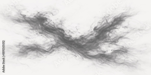 Gritty black and white smoke pattern with ink splash motion and grunge paint texture creates a liquid fog design on a dark gray wall background
