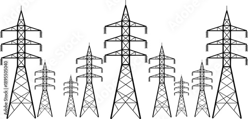 A of multiple electricity pylons of varying heights arranged in a symmetrical pattern against a white background symbolizing power transmission and infrastructure