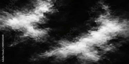 Dramatic black and white abstract smoke swirls like a dark storm cloud across a white heaven sky to create an overcast nature background with a light wind