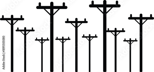 A minimalist arrangement of black silhouette utility poles of varying heights and crossarm against a clean white background, emphasizing simple electrical infrastructure