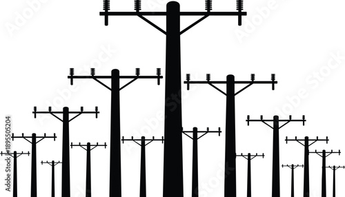 A striking silhouette composition of numerous utility poles of varying heights against a clean white background creating a and modern visual