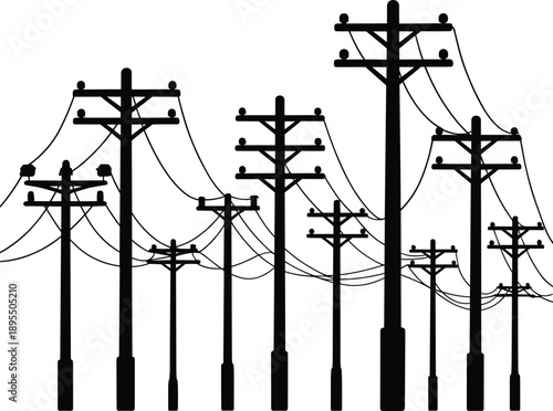 A silhouette of various sized utility poles with intricate wire arrangements against a clean white backdrop symbolizing power and communication networks