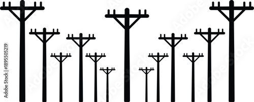 A symmetrical arrangement of black silhouette utility poles with multiple crossarms and varying heights creating a visually balanced representation of electrical distribution