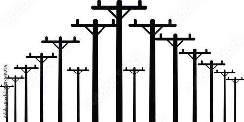 A symmetrical arrangement of black silhouette electricity poles of varying heights creating a striking visual pattern on a white background