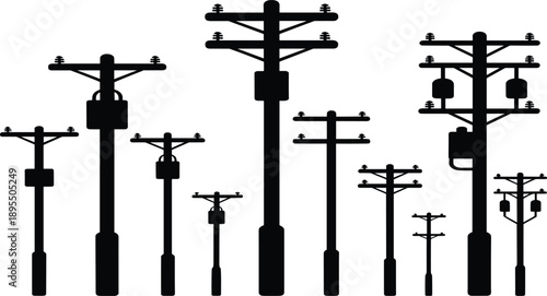 An assortment of black silhouette utility poles with crossbars insulators and transformer boxes arranged on a white background